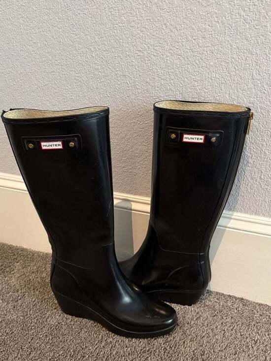 Hunter Shoes - Hunter Original Refined Tall Gloss Rubber Wedge Rain Boots Black